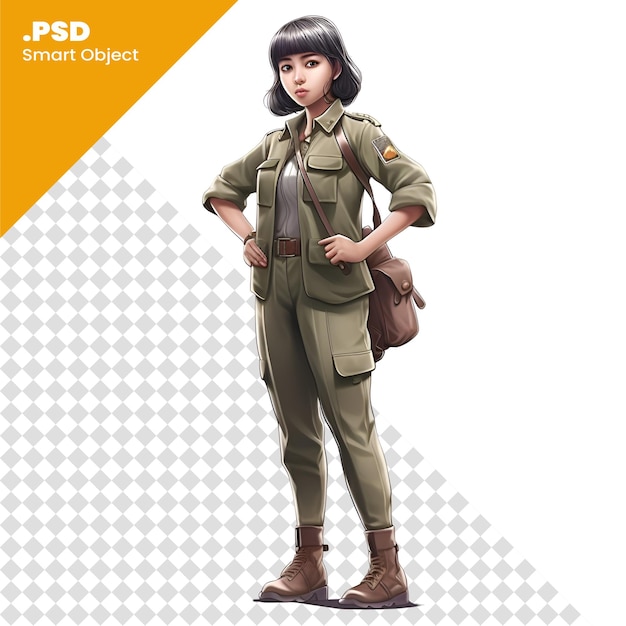 PSD giovane donna in uniforme militare con zaino personaggio di cartone animato isolato su sfondo bianco modello psd