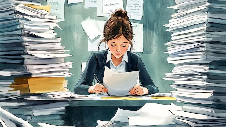PSD young woman overwhelmed by paperwork at her desk
