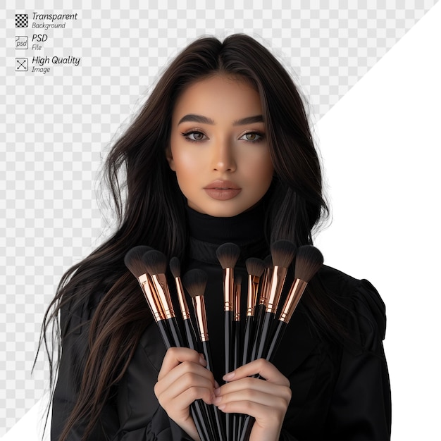 PSD young woman posing with a set of makeup brushes