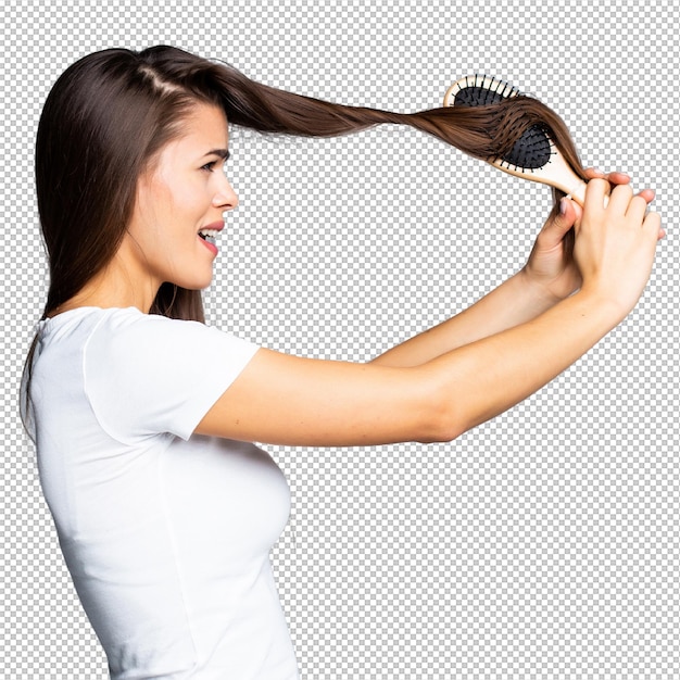Young woman problems with hair split weak hair tangled hair isolated on gray