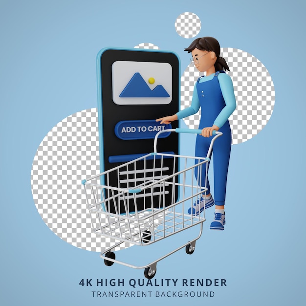 PSD young woman pushing trolley 3d cartoon character illustration