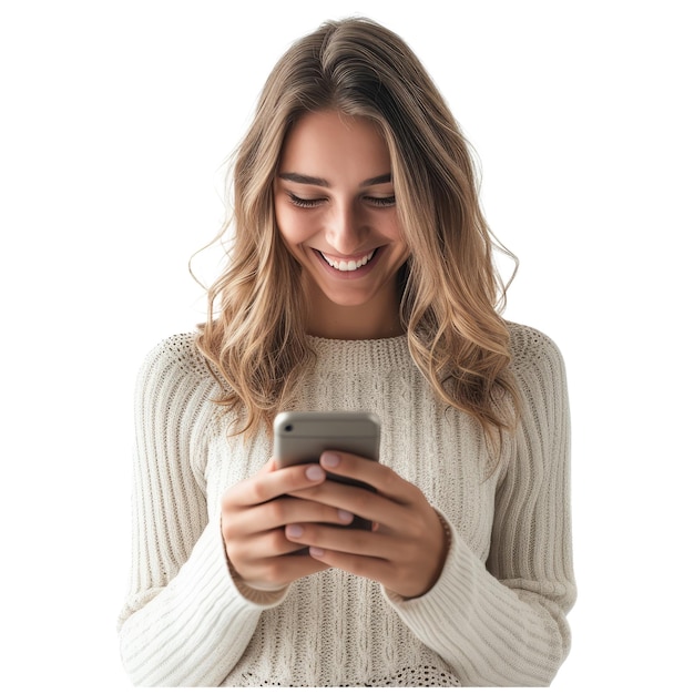 Молодая женщина читает сообщение на мобильном телефоне и улыбается