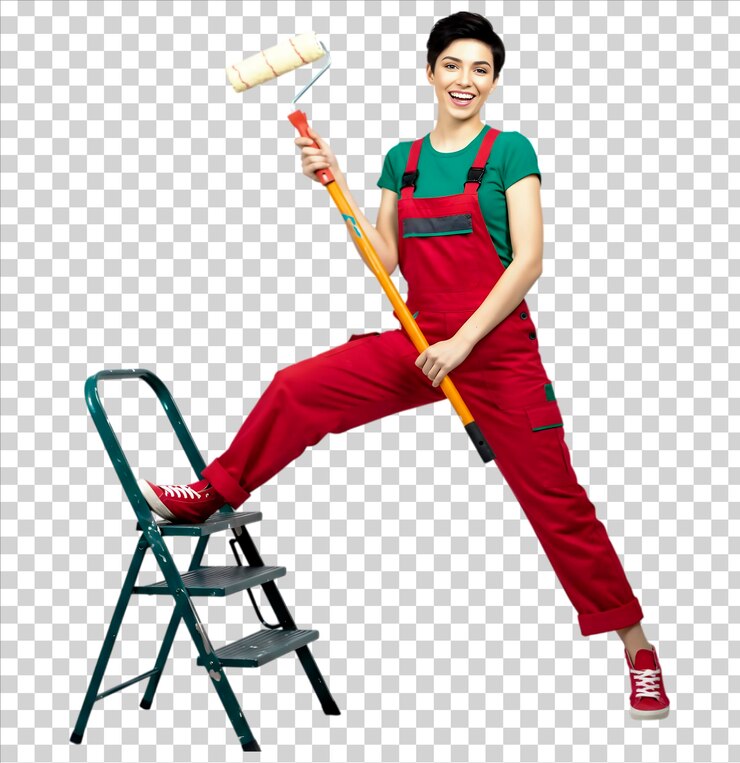 PSD young woman in red overalls and green tshirt holding paint roller near black stepladder