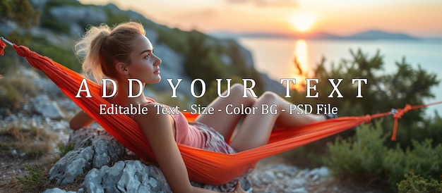 PSD young woman relaxing in hammock on top of the mountain at sunrise