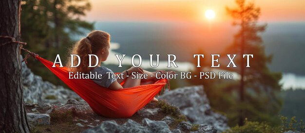 PSD young woman relaxing in hammock on top of the mountain at sunrise