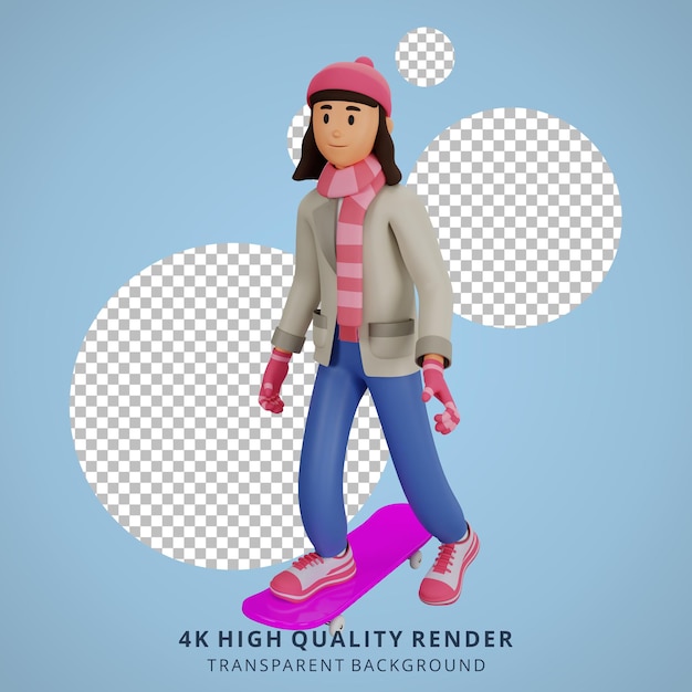 PSD young woman riding skateboard 3d cartoon character illustration