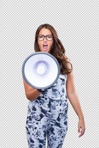 PSD young woman shouting with megaphone