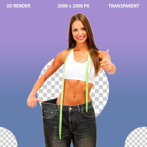 a young woman showing weight loss deiting on png transparent background