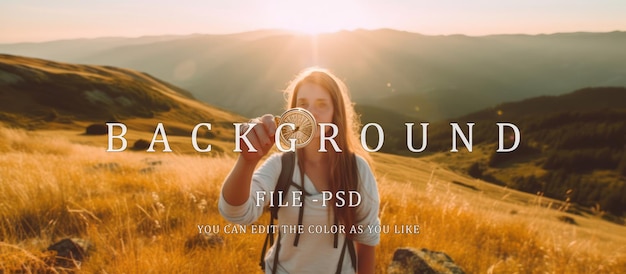 PSD young woman shows compass on top of mountain