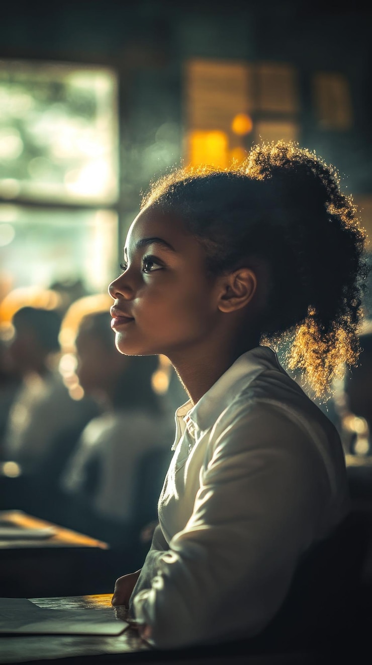 PSD a young woman sits in a classroom looking thoughtfully out the window