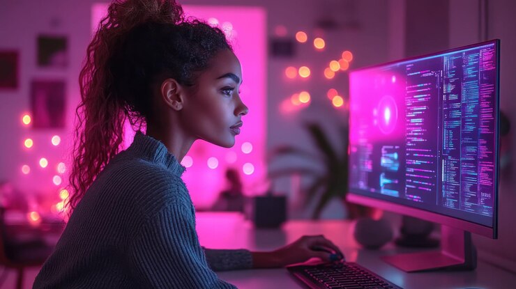 PSD a young woman sits at her desk working on her computer with pink lighting in the background