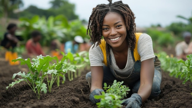 a young woman smiles as she plants seedlings in a field with other people working in the background
