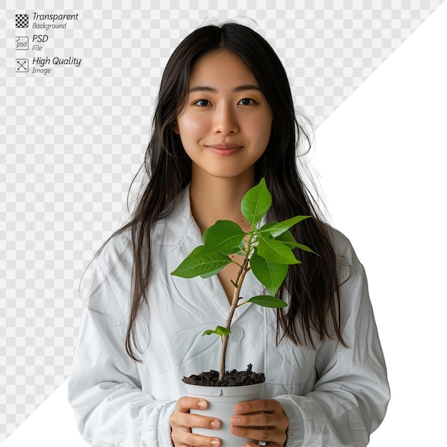 PSD young woman smiling and holding a potted plant