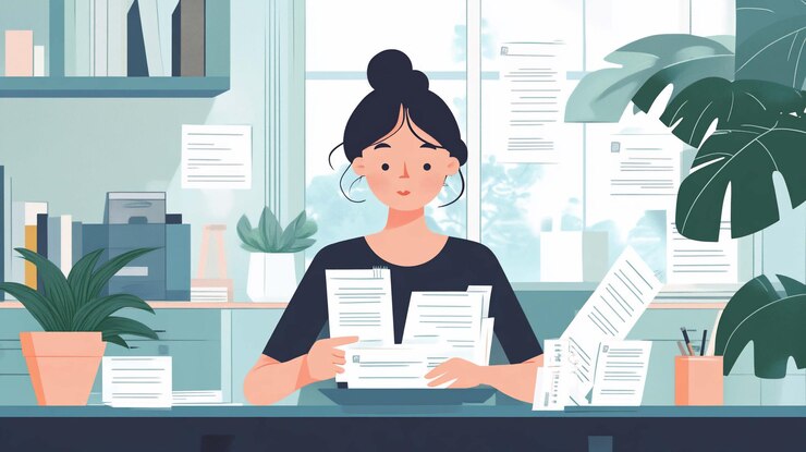 PSD young woman sorting papers at a desk in an office