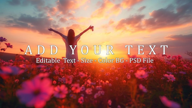 PSD young woman standing in a field of daisies at sunset