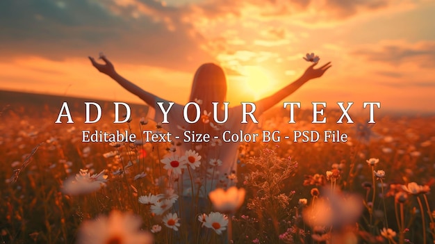 PSD young woman standing in a field of daisies at sunset