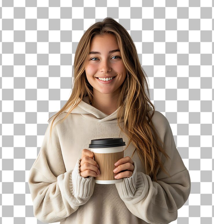 PSD young woman standing holding cup of coffee on a transparent background