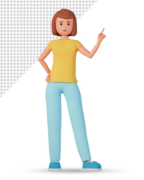 PSD young woman standing and pointing aside 3d illustration