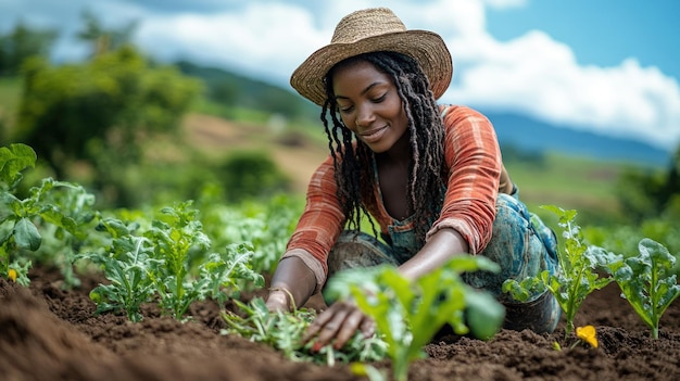A young woman in a straw hat tends to her garden smiling as she works