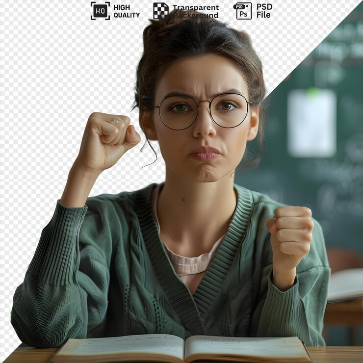 PSD young woman student sitting at her desk looking determined with both fists clenched with a book open on the desk and a green chalkboard background isolated on transparent background