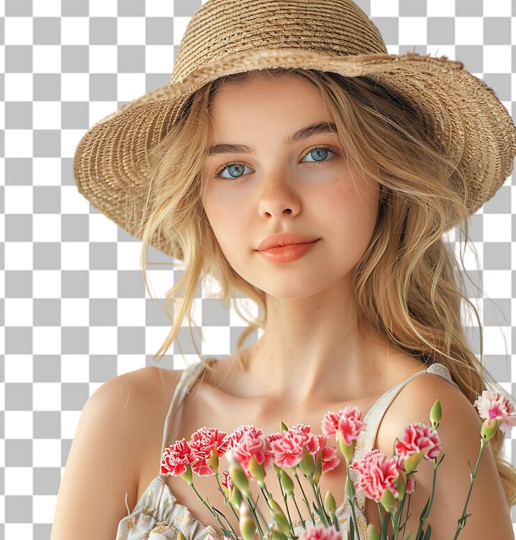 PSD young woman in summer dress and straw hat holding bouquet on a transparent background