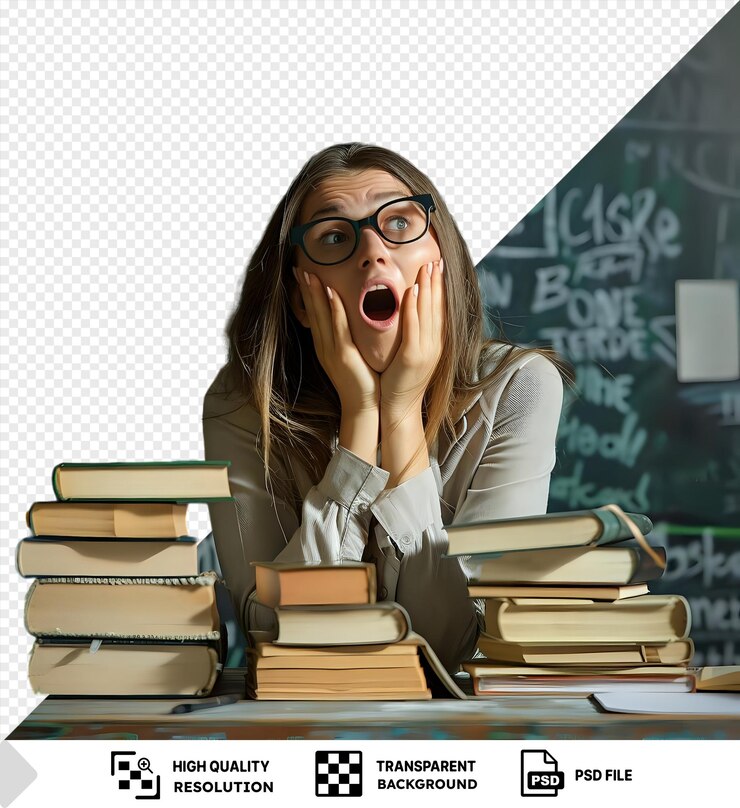 PSD a young woman surprised by a pile of books in front of a chalkboard with a transparent background
