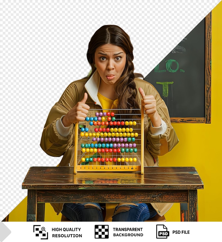 PSD young woman teacher sitting school desk front of blackboard classroom explaining lessholding abacus showing thumb down making wry mouth while wearing blue jeans and brown hair with a wood table and