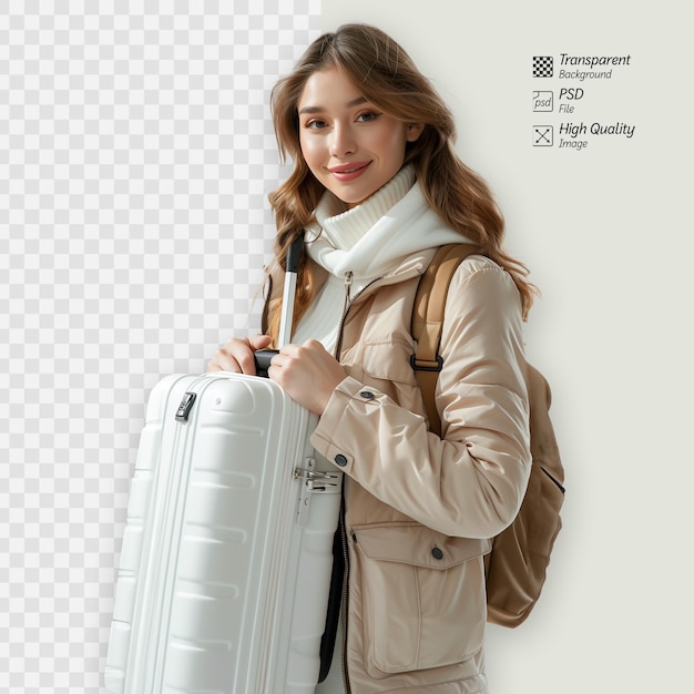 PSD young woman traveler holding white suitcase on transparent background