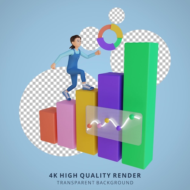 young woman walking up the diagram 3d character illustration