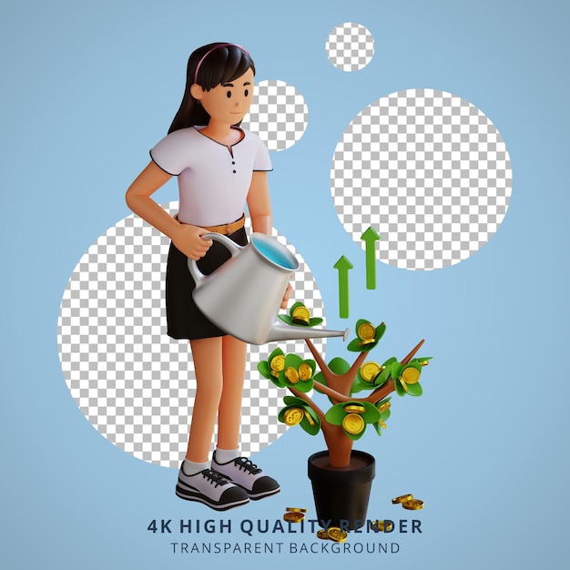 Молодая женщина, поливающая денежное растение, 3d мультипликационный персонаж, иллюстрация