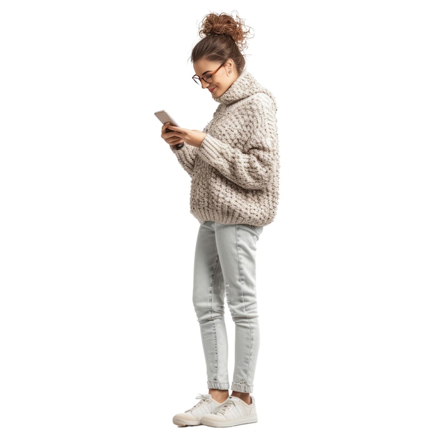 PSD young woman wear knitted sweater hold in hand use mobile cell phone