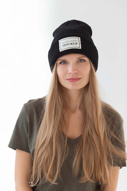 PSD young woman wearing beanie mockup