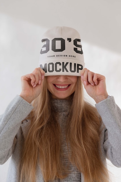 PSD young woman wearing beanie mockup