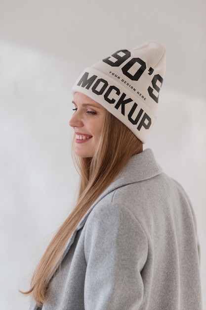 PSD young woman wearing beanie mockup