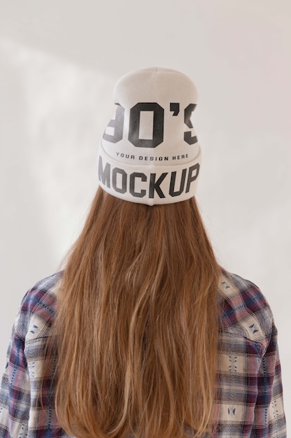 PSD young woman wearing beanie mockup