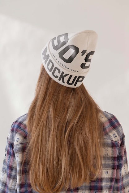 PSD young woman wearing beanie mockup