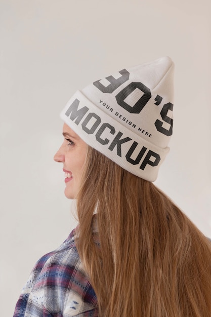 Young woman wearing beanie mockup