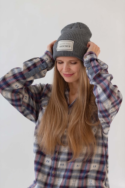 PSD young woman wearing beanie mockup