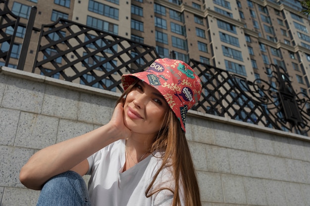 PSD young woman wearing bucket hat mockup