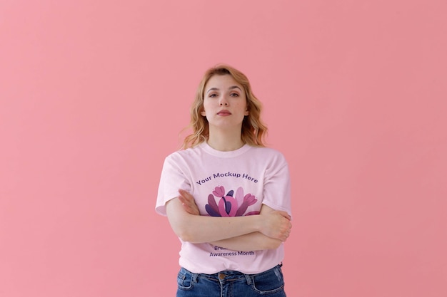 PSD young woman wearing clothing awareness mockup