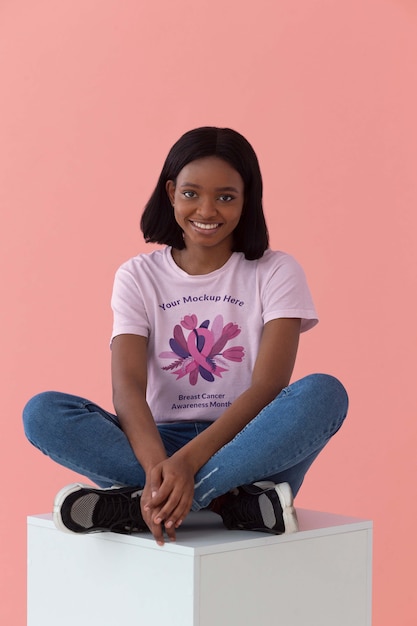 PSD young woman wearing clothing awareness mockup