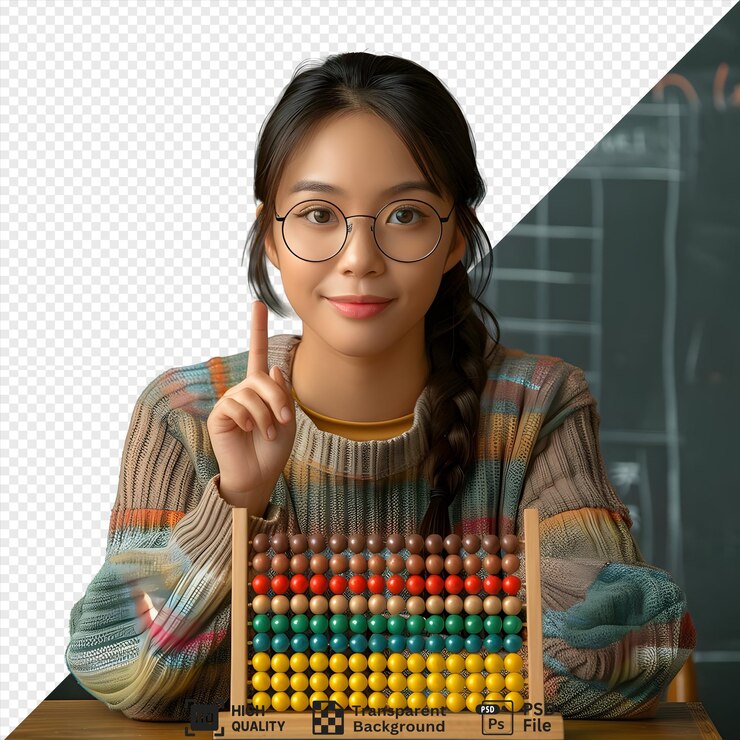 PSD young woman wearing eyeglasses pointing up with her right index finger with a colorful abacus in front of her isolated on transparent background