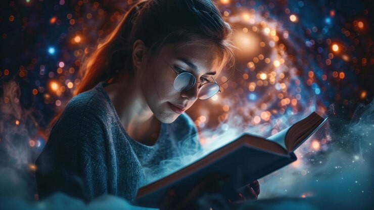 PSD молодая женщина в очках читает книгу с магическим дымом и светящимися огнями на заднем плане
