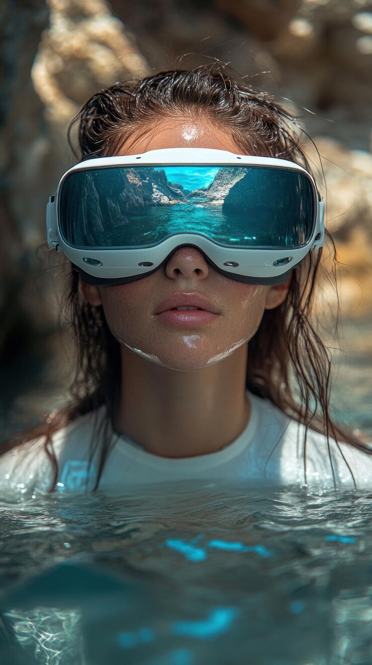 PSD a young woman wearing goggles in the water with a reflective lens looking off into the distance