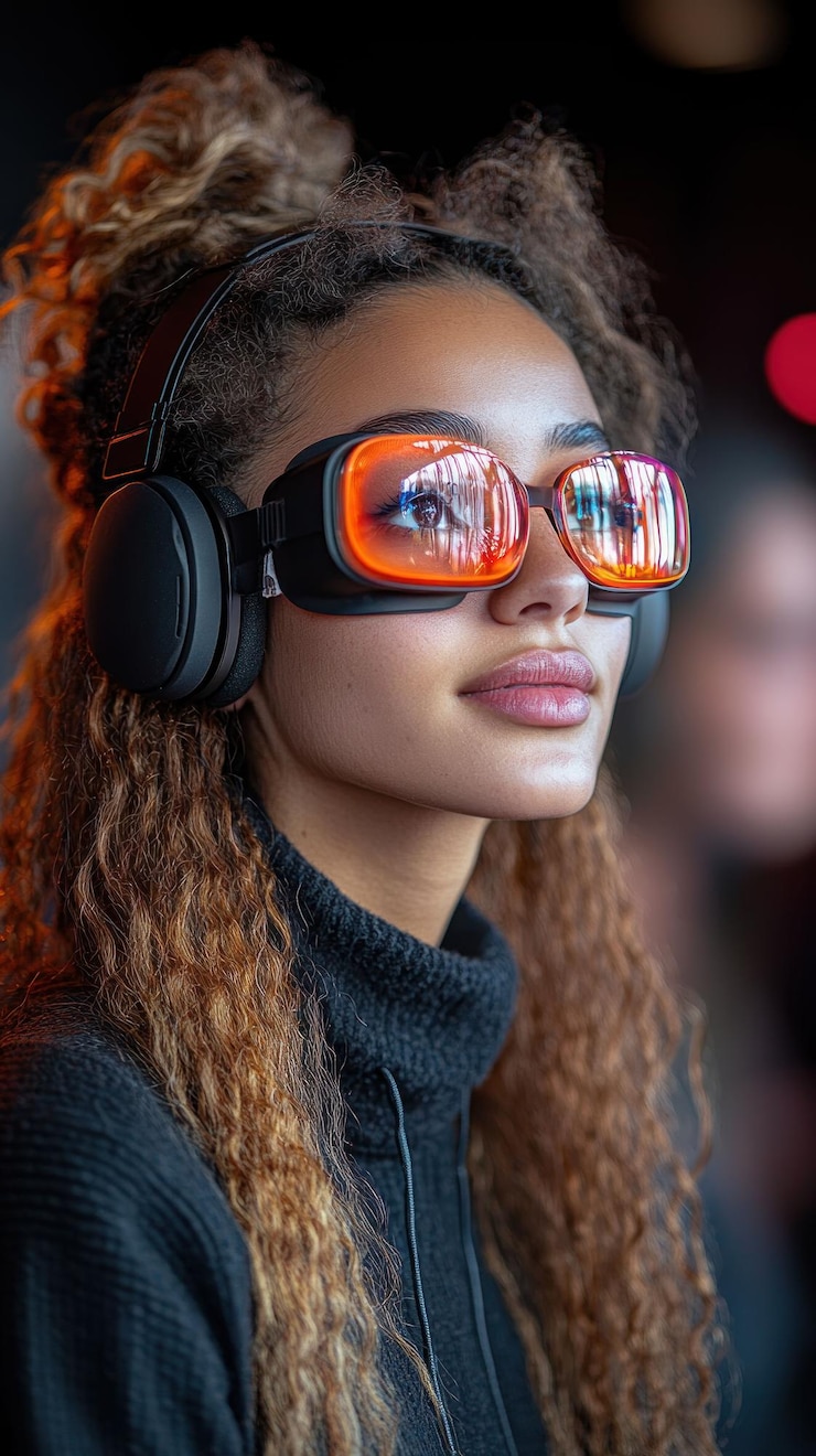PSD a young woman wearing headphones and orangetinted glasses looks thoughtfully at a digital display with a focused expression