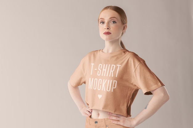 PSD young woman wearing shirt mockup