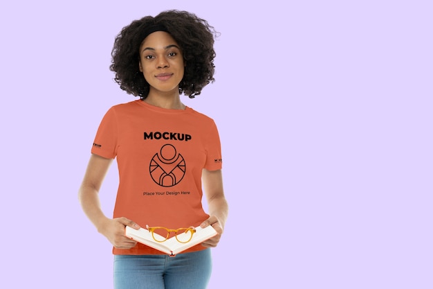 Young woman wearing t-shirt mockup