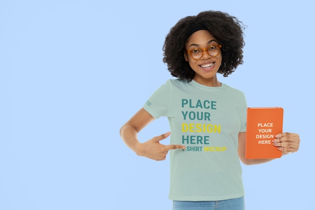 Young woman wearing t-shirt mockup