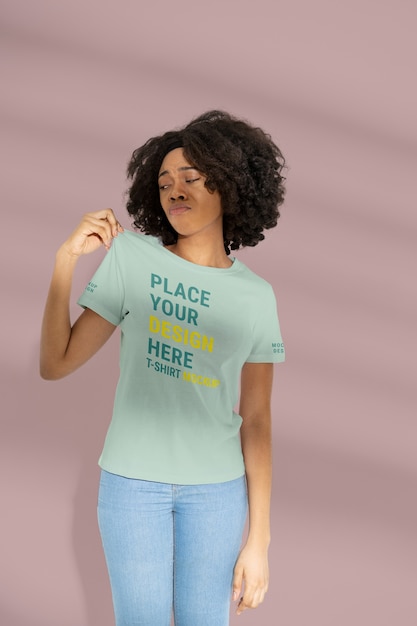 Young woman wearing t-shirt mockup