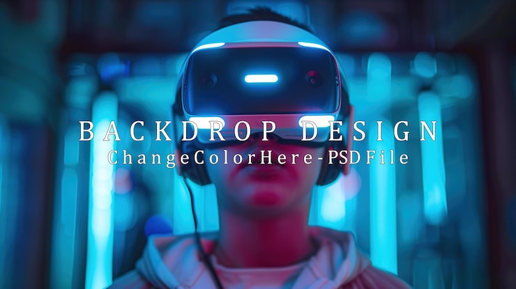 PSD young woman wearing vr headset in a futuristic setting